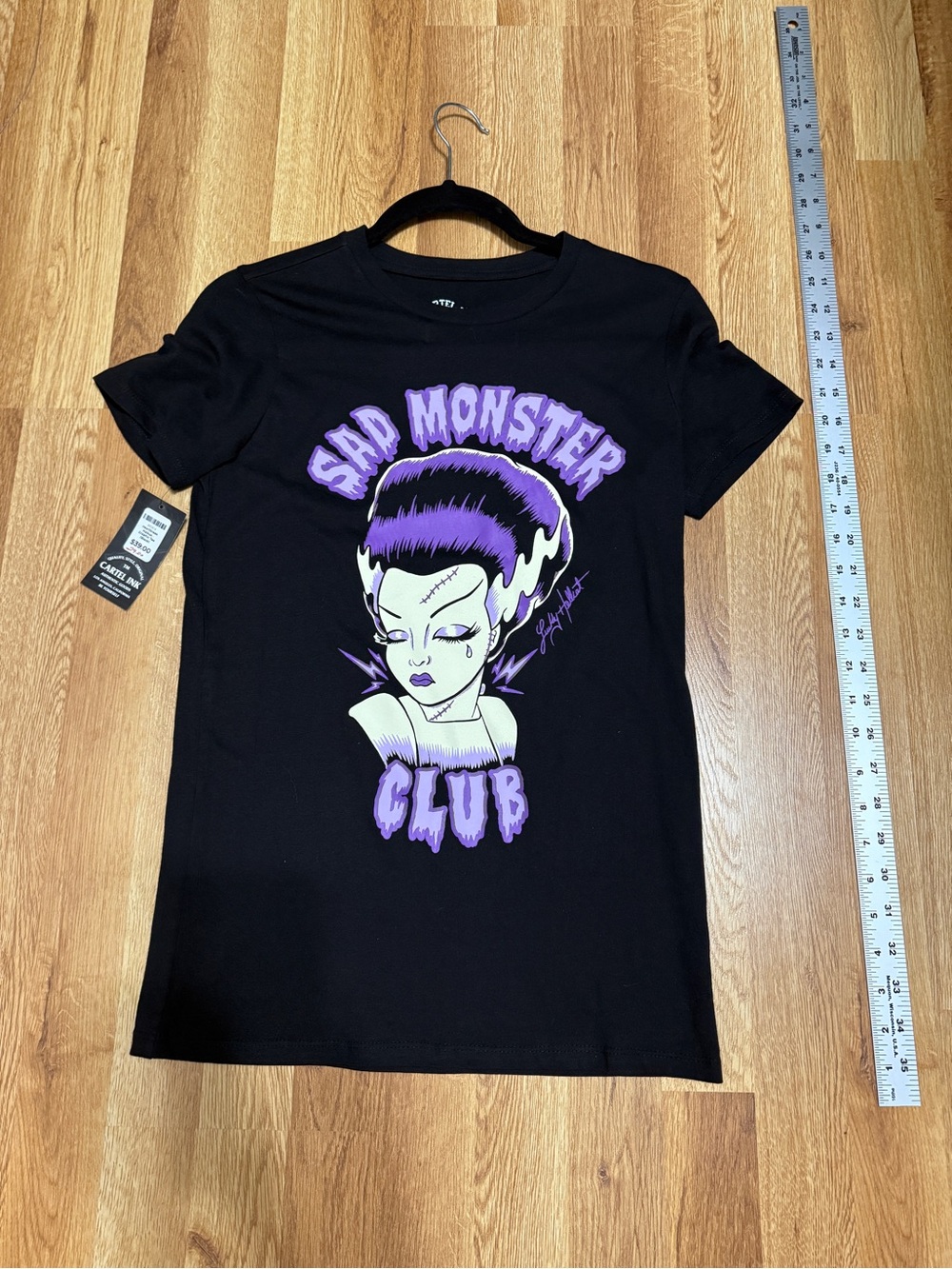 Frankenstein Bride Sad Monster Club Graphic Tee - Black with Purple Print
